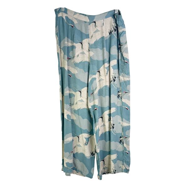 Citron 100% Silk Novelty Bird Print Wide Leg Cropped Gaucho Flowy Pants Small - Picture 1 of 13